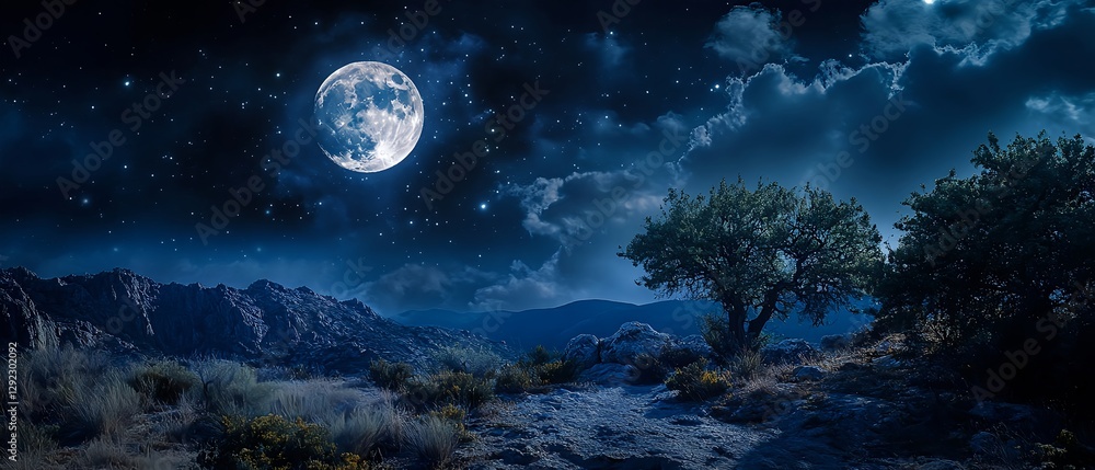 Naklejka premium Natural landscape with a bright full moon on a dark night, mountain fields, large trees and clouds visible in bright moonlight