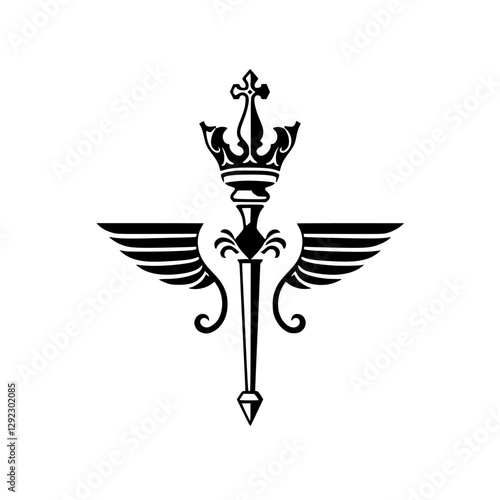 Black and white minimalist crown and sword graphic with wings, perfect for a logo.