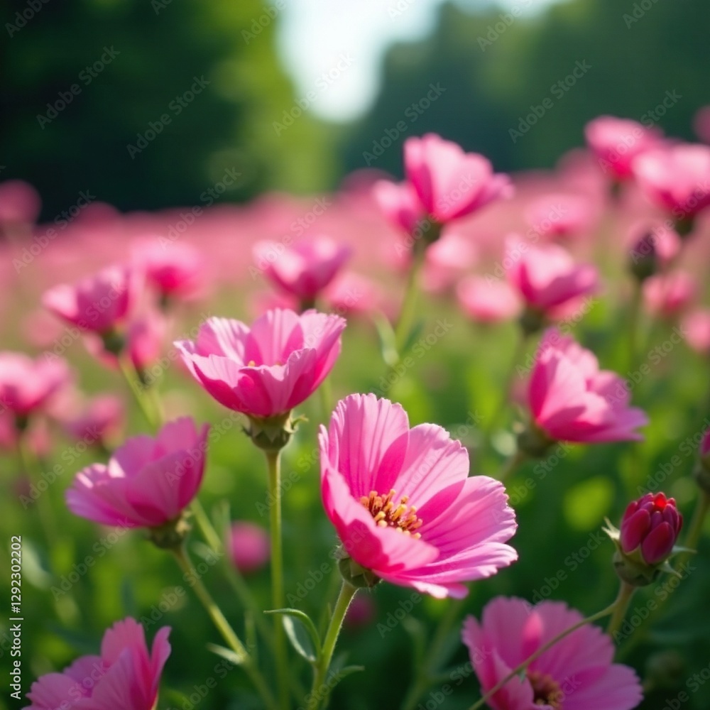 A bed of pink mallow flowers swaying in the wind, mallow flowers, blooming flowers A bed of pink mallow flowers swaying in the wind, mallow flowers, blooming flowers