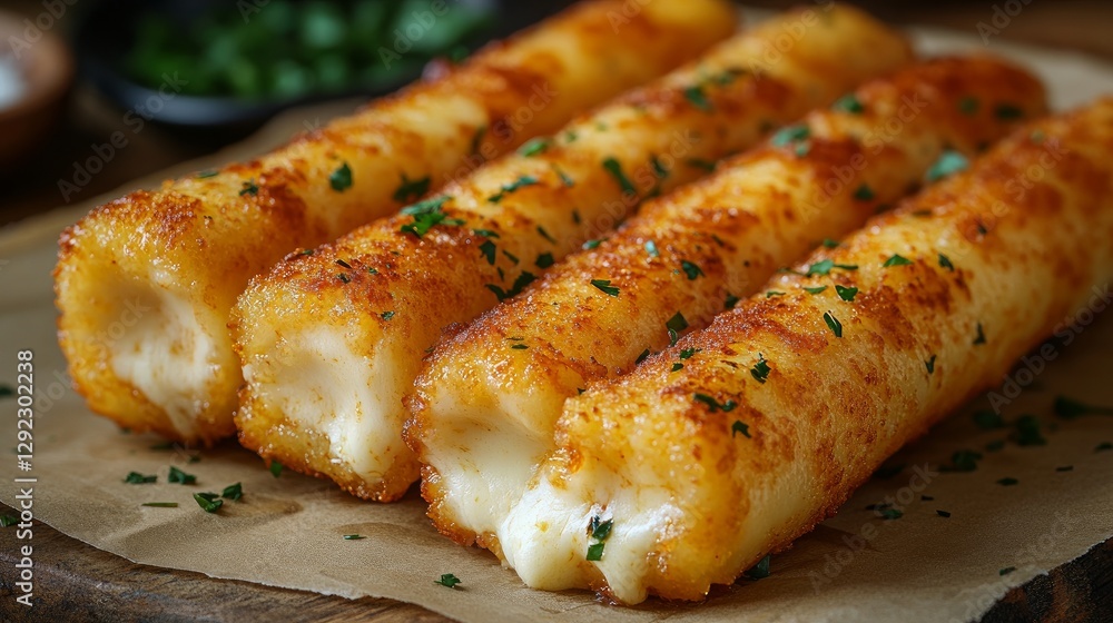 Three crispy fried mozzarella cheese sticks with the cheese melting on a piece of cardboard Three crispy fried mozzarella cheese sticks with the cheese melting on a piece of cardboard