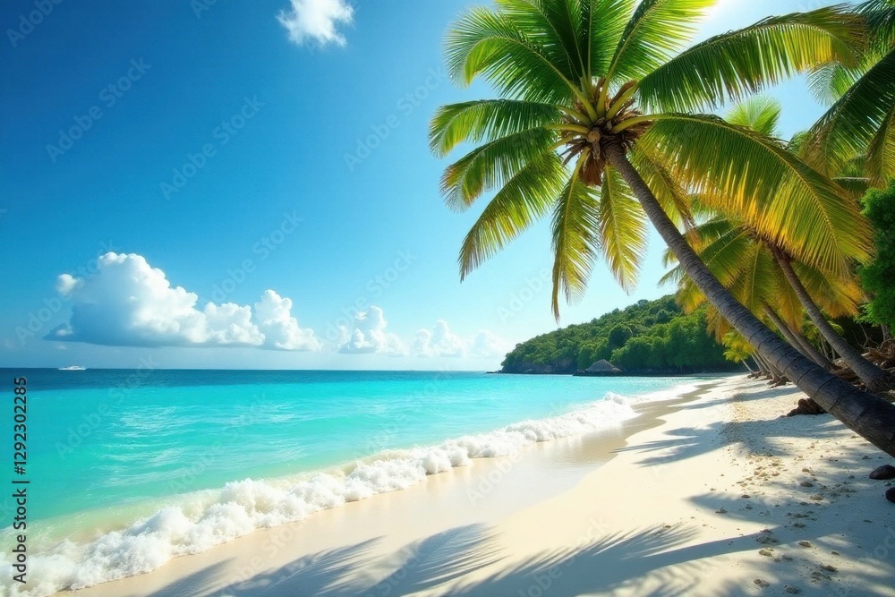 Sun-drenched palm trees sway above turquoise waves on a pristine beach , tropical beach, paradise Sun-drenched palm trees sway above turquoise waves on a pristine beach , tropical beach, paradise