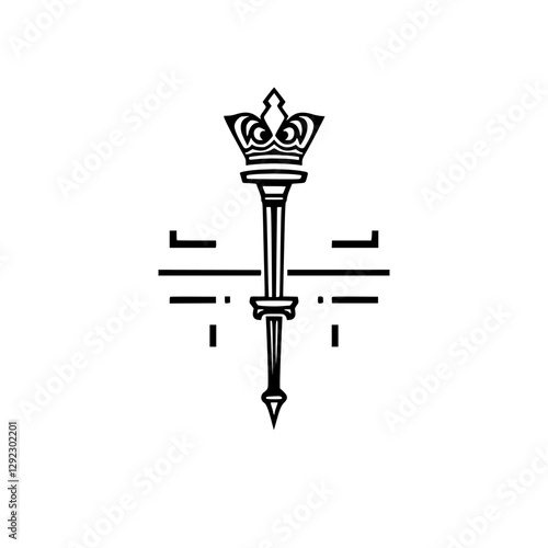 Crowned Mace: A Symmetrical Black and White Illustration of a Royal Scepter with a Crown on top.