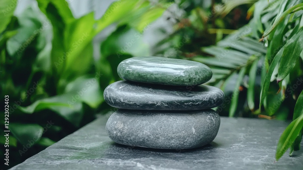 Stacked Smooth Stones on Dark Surface Surrounded by Lush Green Foliage in Tranquil Garden Setting Stacked Smooth Stones on Dark Surface Surrounded by Lush Green Foliage in Tranquil Garden Setting