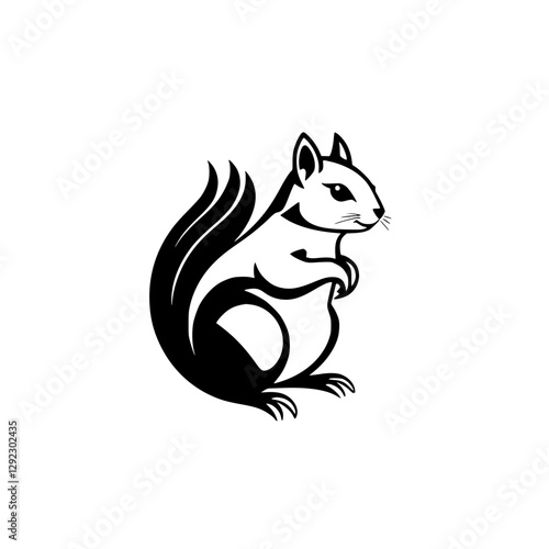 Black-and-white illustration of a squirrel, featuring a stylized sitting pose, facing right, and a dynamic tail and full body outline on white background.