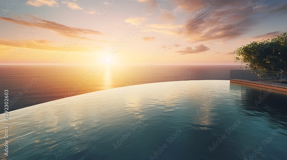 Fototapeta premium A luxurious infinity pool that overlooks the ocean, tropical sunsets, and warm ambient lighting.