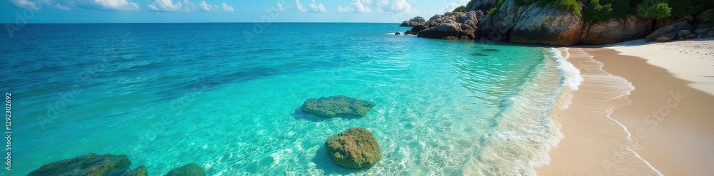 Crystal clear water reveals vibrant coral, pristine beach stretches , relaxing, tropical beach, coast Crystal clear water reveals vibrant coral, pristine beach stretches , relaxing, tropical beach, coast