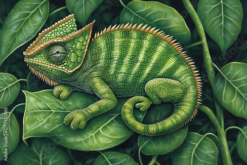 green chameleon on a green leaf 