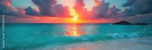 Crimson sun dips below turquoise Caribbean, tranquil beach scene, water, sand, coast