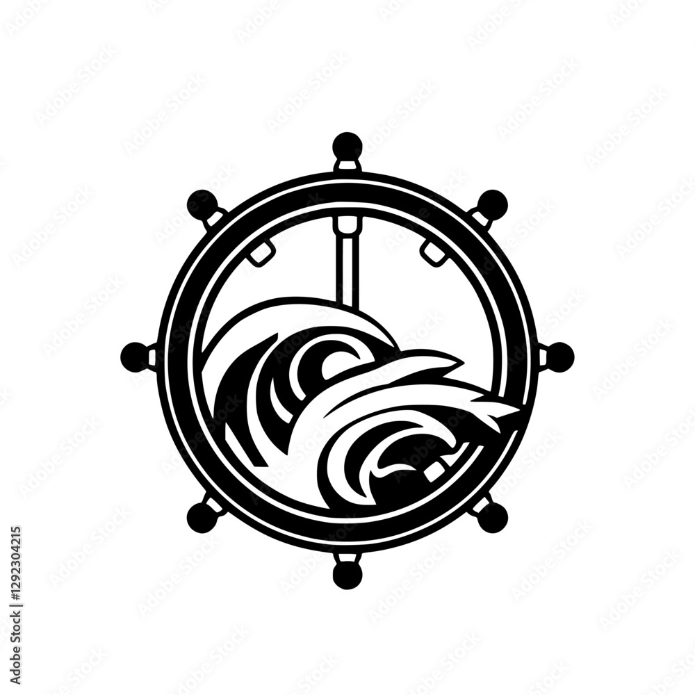 Steering Wheel with Waves: A nautical emblem with abstract waves inside a ship's steering wheel in a monochrome style. Steering Wheel with Waves: A nautical emblem with abstract waves inside a ship's steering wheel in a monochrome style.