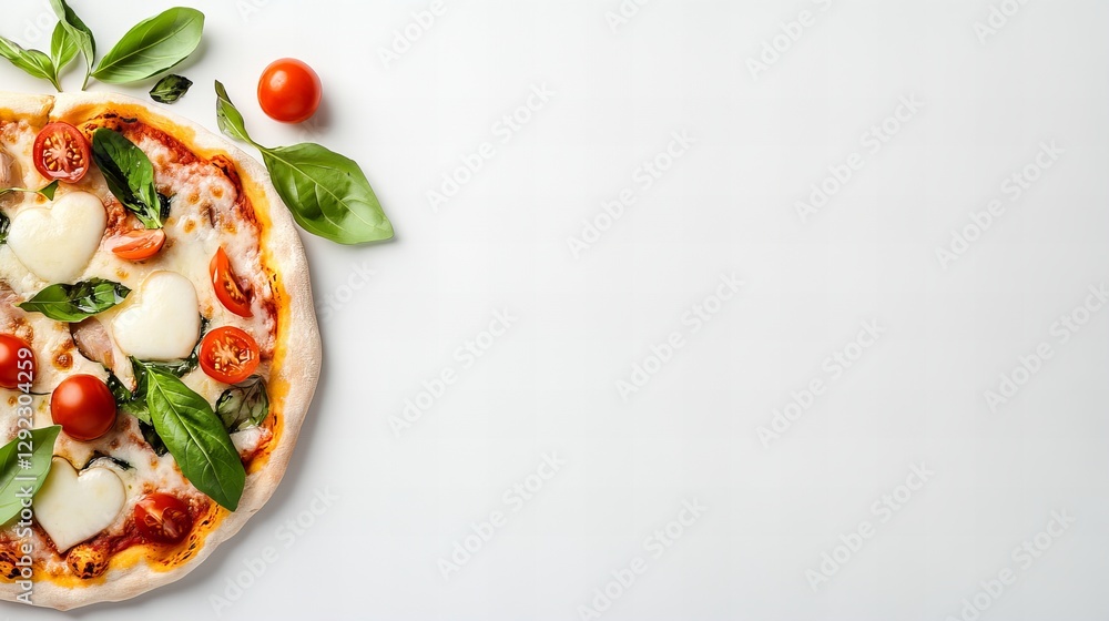 Delicious heart-shaped mozzarella pizza with fresh basil and cherry tomatoes. Perfect for a romantic dinner! Delicious heart-shaped mozzarella pizza with fresh basil and cherry tomatoes. Perfect for a romantic dinner!