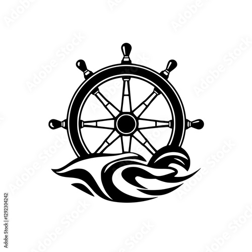 Black and white nautical illustration of a ship's helm over stylized waves.