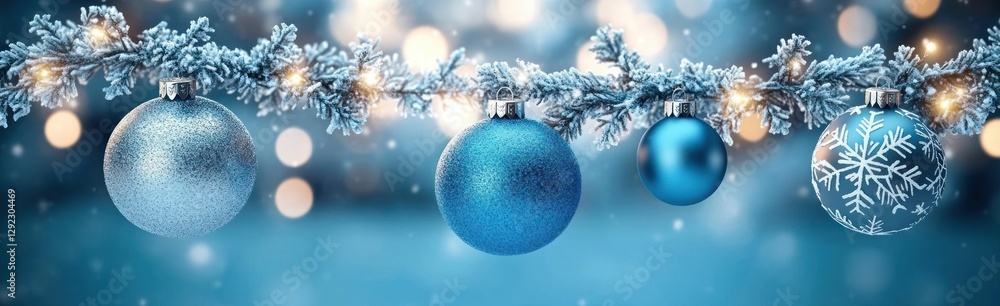Winter Holiday Scene with Blue Silver Ornaments and Snowflake Garland Winter Holiday Scene with Blue Silver Ornaments and Snowflake Garland
