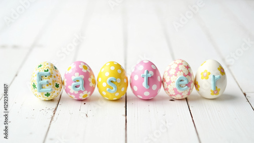 Colorful eggs are arranged in a row with letters spelling Easter in the center. The vibrant decorations suggest a cheerful spring celebration on a clean white wooden surface