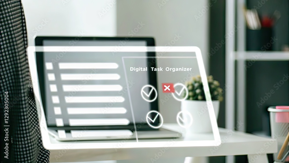Fototapeta premium Digital Task Organizer Interface on Laptop with Desk Items and Books in Background