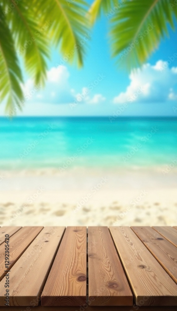 Fototapeta premium Sun-kissed sandy beach with blurred turquoise sea and sky Empty wooden table for product showcase , outdoor, product, calm