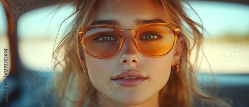 Stunning blonde girl wearing orange fashion sunglasses sitting in the driver's seat of a sports car and looking at the camera