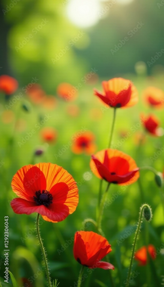 Red poppies scattered across a lush green summer meadow, bathed in sunlight , photography, peaceful Red poppies scattered across a lush green summer meadow, bathed in sunlight , photography, peaceful