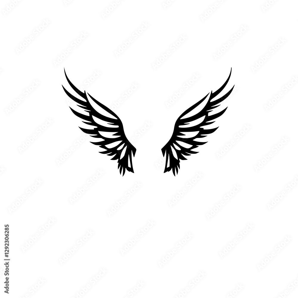 Black, graphic wing silhouette isolated on white, stylized and symmetrical arrangement. Black, graphic wing silhouette isolated on white, stylized and symmetrical arrangement.