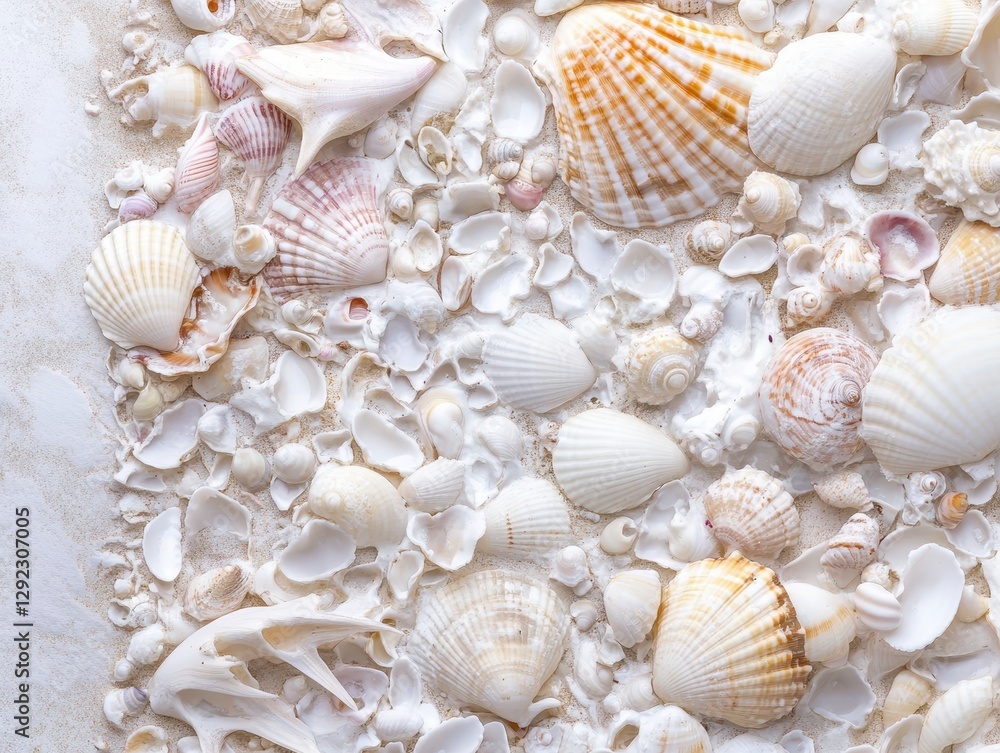 A beautifully textured frame covered in small white and pastel-colored seashells, creating a soothing and organic coastal aesthetic A beautifully textured frame covered in small white and pastel-colored seashells, creating a soothing and organic coastal aesthetic