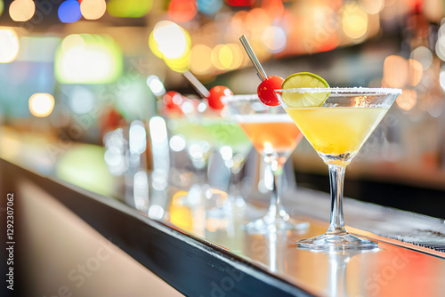 margarita glasses lined up on illuminated bar top, gradient arrangement photo