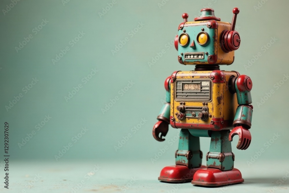 Obraz premium Retro tin robot, weathered paint, classic design, illustration, close-up