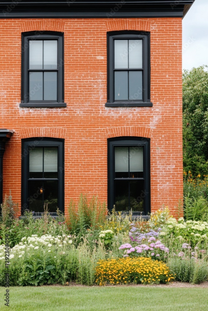 On a sunny day, a vibrant flower garden beautifully contrasts with a classic brick home, nestled in a tranquil and peaceful neighborhood On a sunny day, a vibrant flower garden beautifully contrasts with a classic brick home, nestled in a tranquil and peaceful neighborhood