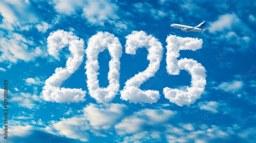 A vibrant blue sky with clouds shaped as '2025' and an airplane soaring, symbolizing future aspirations. A vibrant blue sky with clouds shaped as '2025' and an airplane soaring, symbolizing future aspirations.
