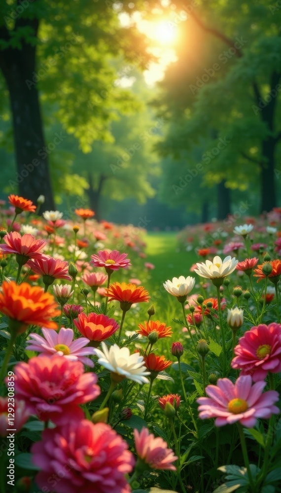 Sun-drenched flowerbed, abundant blooms Idyllic summer park scene , leaves, garden flowers, floral Sun-drenched flowerbed, abundant blooms Idyllic summer park scene , leaves, garden flowers, floral