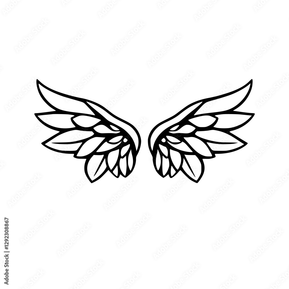 Vector Illustration of Wing Pair: Simple yet elegant open angel-like wing drawing in black and white. Vector Illustration of Wing Pair: Simple yet elegant open angel-like wing drawing in black and white.