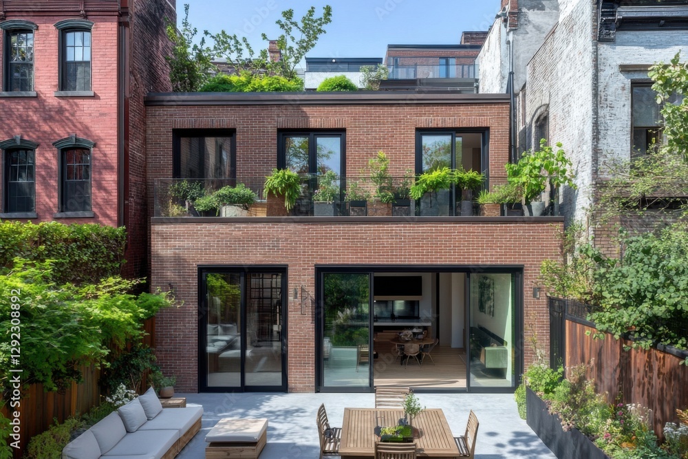 Fototapeta premium Modern residential building with lush greenery and outdoor space in urban setting, showcasing contemporary architecture and design elements
