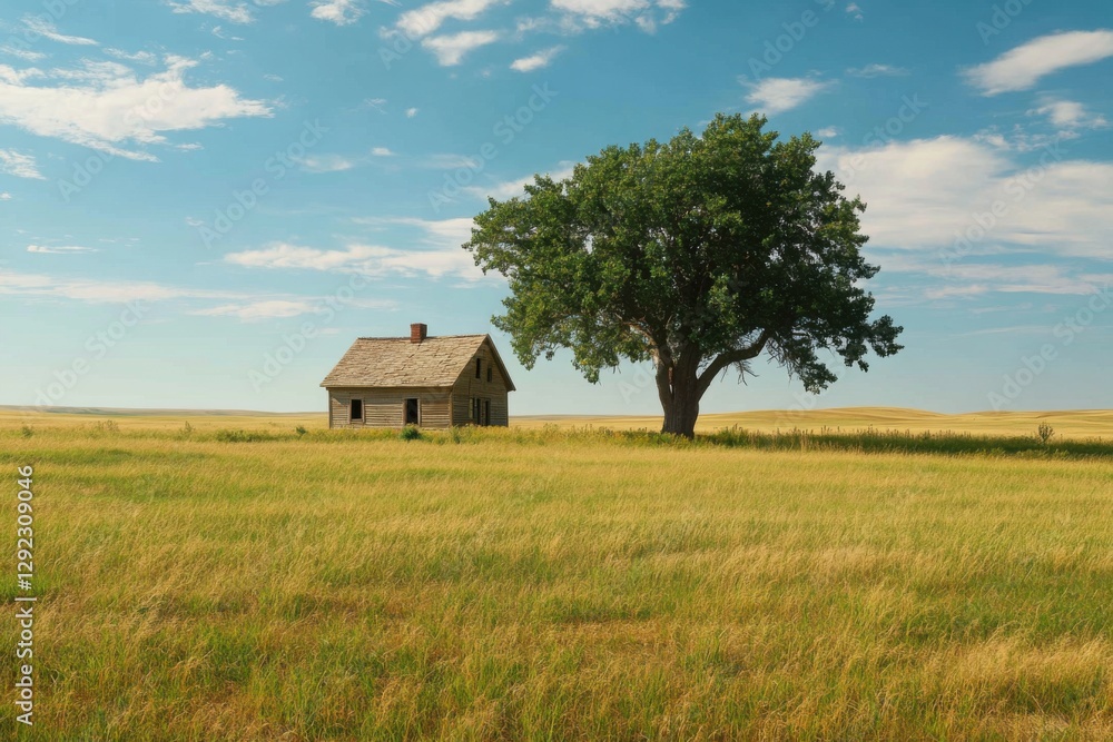 An abandoned farmhouse sits beneath an expansive blue sky, accompanied by a magnificent tree, as the sun shines down on a golden field during the late afternoon hours An abandoned farmhouse sits beneath an expansive blue sky, accompanied by a magnificent tree, as the sun shines down on a golden field during the late afternoon hours