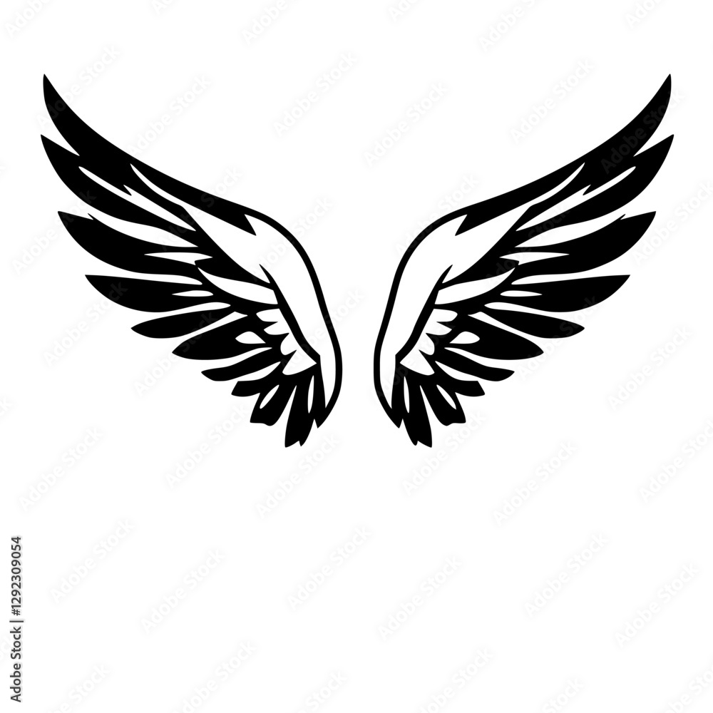 Fototapeta premium Black and White Angel Wings: A Symbolic Representation of Freedom, Faith, and Hope on a White Backdrop.