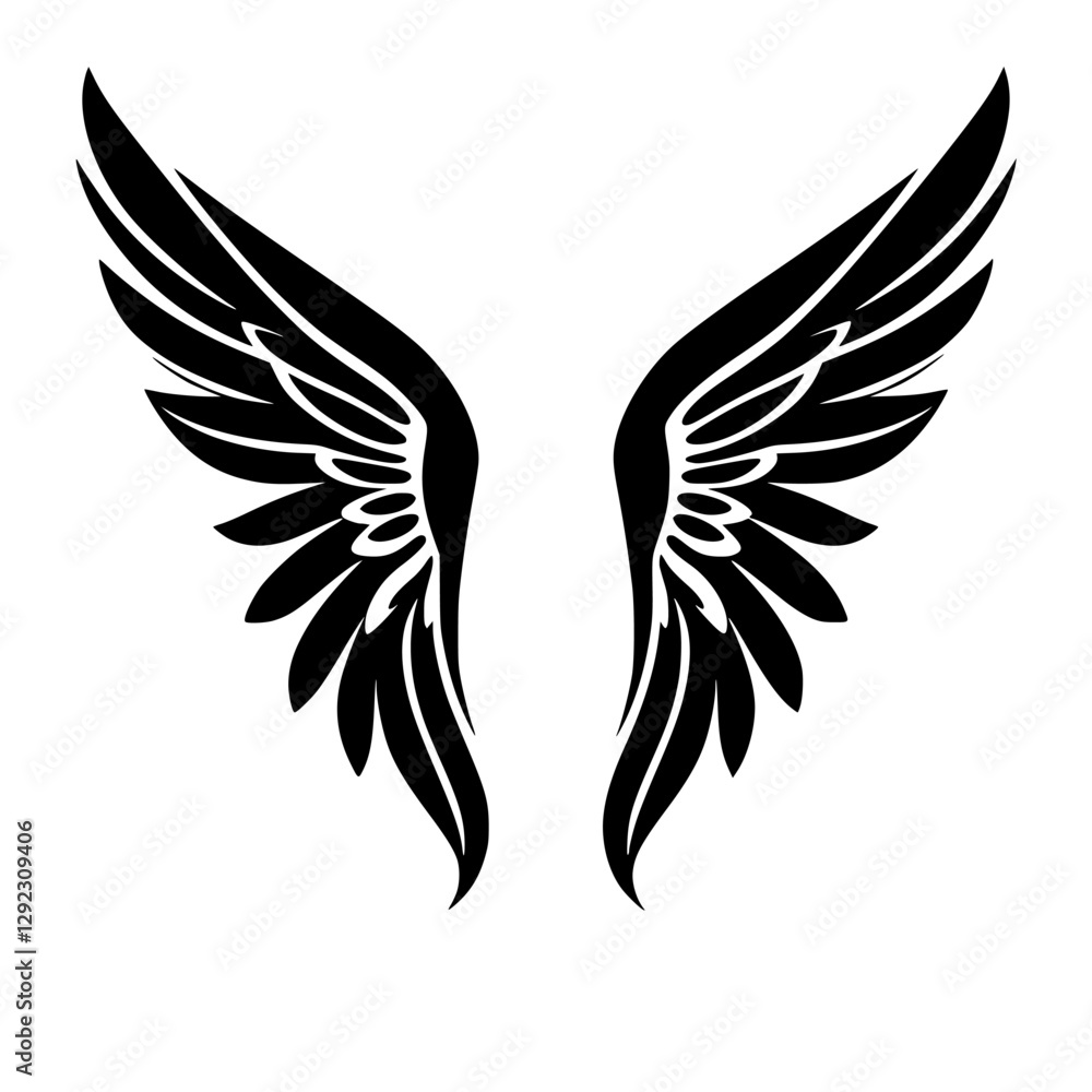Fototapeta premium Black symmetrical angel wings illustration, with white background and clean cut lines.