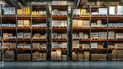 Interior of large warehouse with goods in wooden containers and cardboard parcel boxes on pallets and metal shelves and racks. Cartoon vector illustration of factory or store storage room inside.