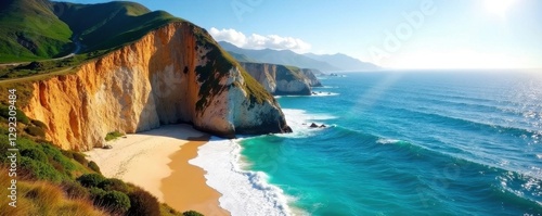 Sun-drenched California coast, dramatic cliffs, turquoise waves, coastal, waves, image
