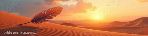 Immense feather silhouette stretches across serene desert landscape, feather, art