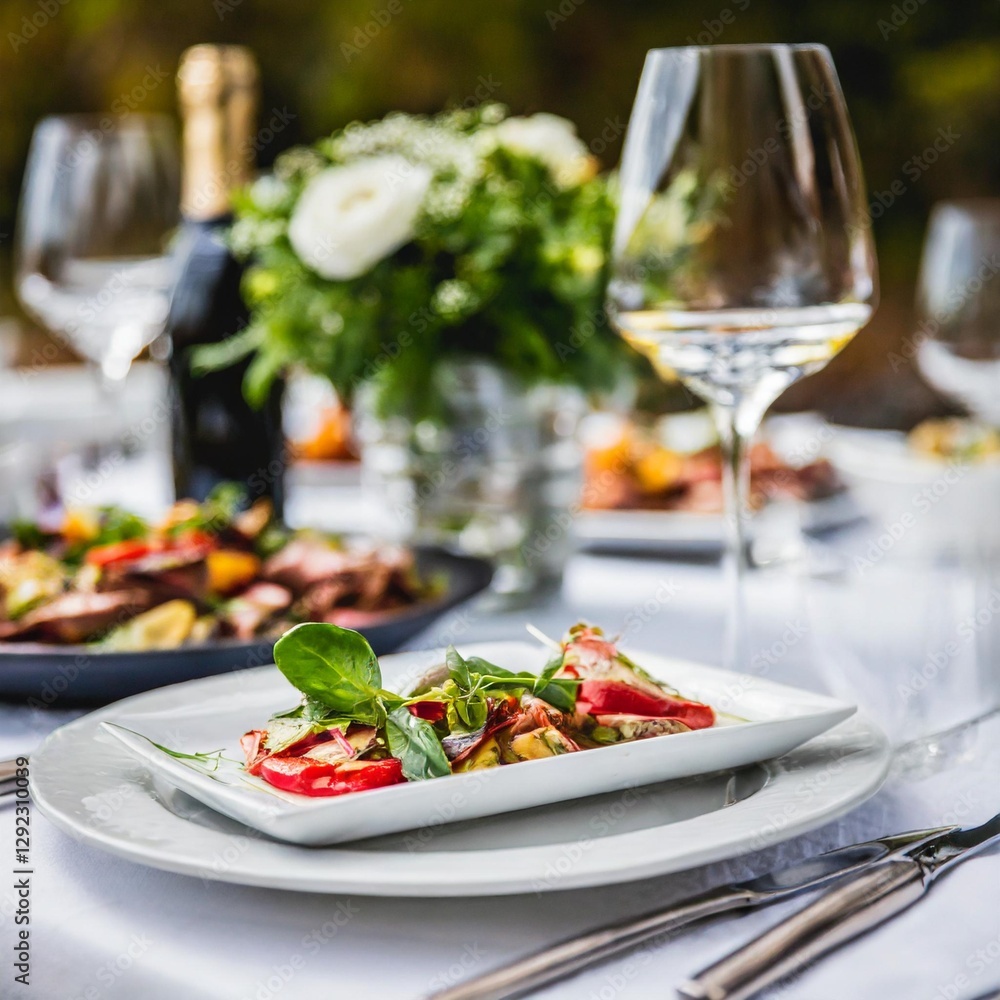 Elegant Menu Card on a Dinner Table at a Festive Celebration – Dining Setup with Gourmet Food, Flowers, and Cutlery – Wedding Table, Formal Banquet, Buffet Appetizers, Restaurant Food Menu