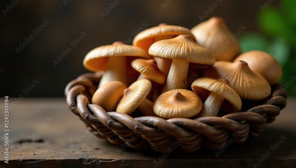 Earthy mushrooms scattered on a rustic wooden basket, nature, natural, brown Earthy mushrooms scattered on a rustic wooden basket, nature, natural, brown