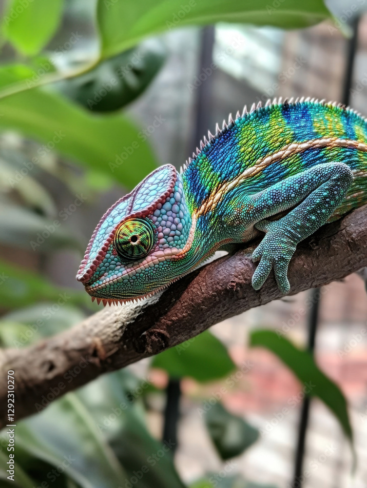 A chameleon on a tree branch A chameleon on a tree branch