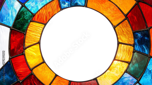 Circular stained glass window with vibrant colors and empty center. Artistic craftsmanship and design concept