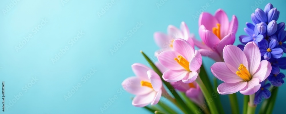 Pastel blue background features a vibrant cluster of hyacinths and crocuses , blossom, flowers Pastel blue background features a vibrant cluster of hyacinths and crocuses , blossom, flowers