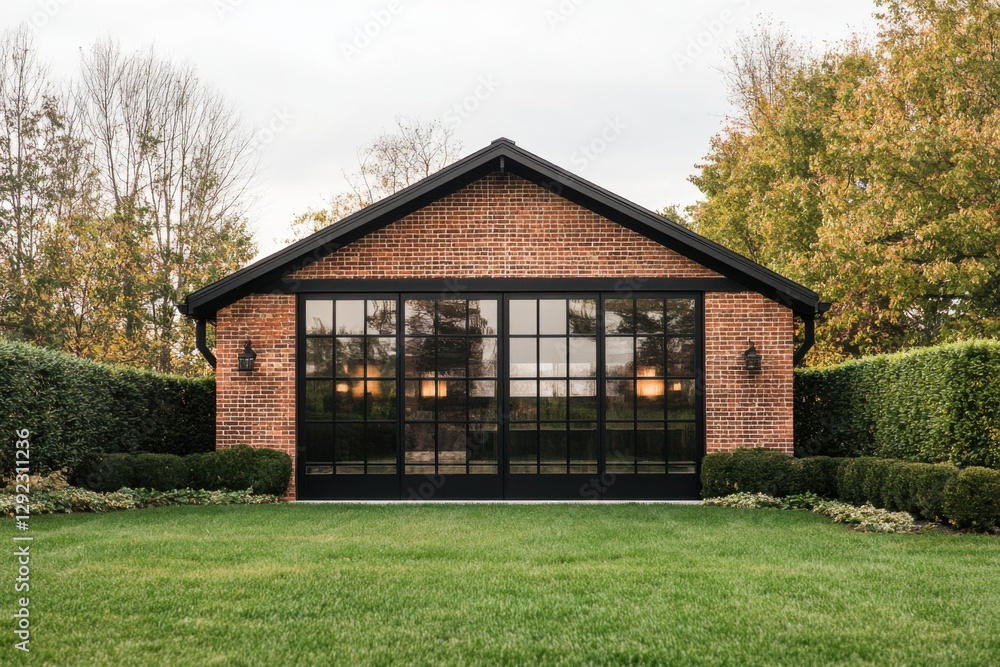 Modern brick building with large glass doors set in a landscaped green yard during a cloudy afternoon in a serene countryside location Modern brick building with large glass doors set in a landscaped green yard during a cloudy afternoon in a serene countryside location