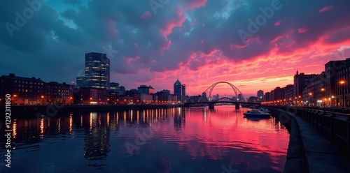 Dramatic Liverpool dusk, glowing buildings, Mersey reflections, urban scene, night