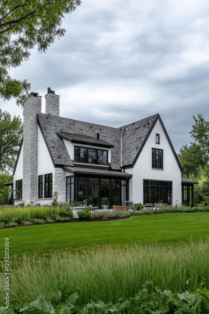 A modern house featuring expansive windows, surrounded by a beautifully landscaped garden, is set within a serene suburban neighborhood under a cloudy sky A modern house featuring expansive windows, surrounded by a beautifully landscaped garden, is set within a serene suburban neighborhood under a cloudy sky
