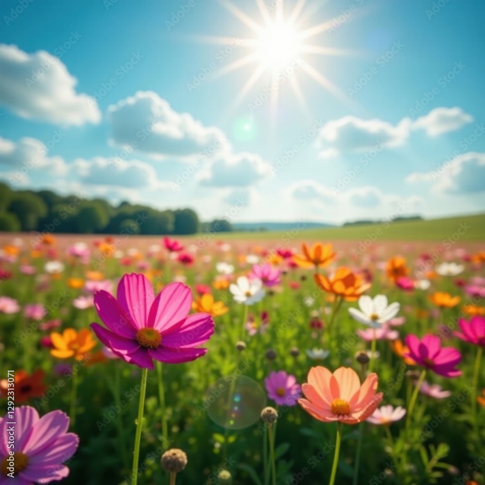 Sunlit field of multicolored cosmos, spring blossoms, purple, bloom Sunlit field of multicolored cosmos, spring blossoms, purple, bloom
