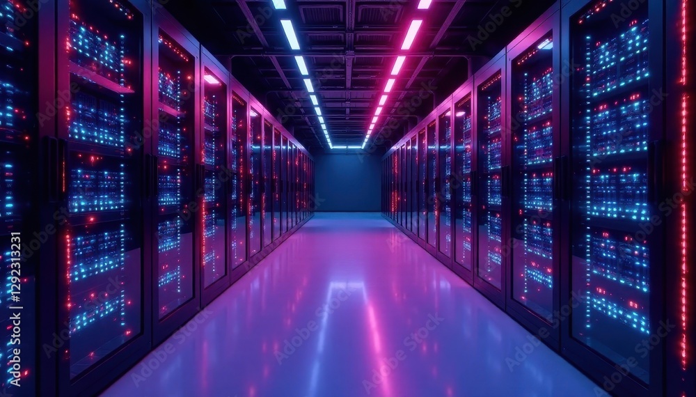Fototapeta premium Sleek, vibrant server racks glow in futuristic data center , interior, cloud