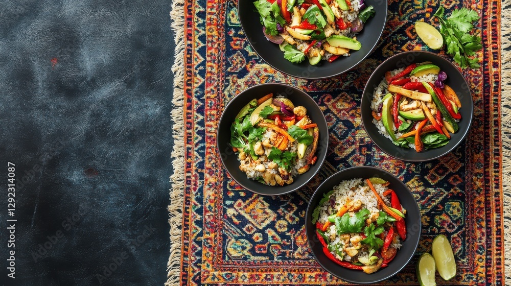 Colorful Fresh Vegetable Bowls Arranged on Traditional Textile Surface with Natural Ingredients and Herbs Colorful Fresh Vegetable Bowls Arranged on Traditional Textile Surface with Natural Ingredients and Herbs