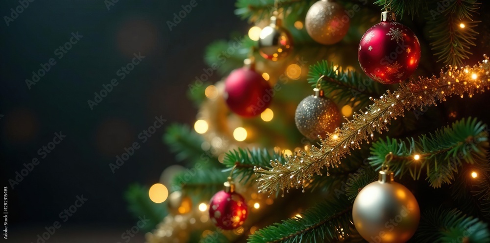 Sparkling Christmas tree with ornaments and gold garland, christmas tree decor, garlands Sparkling Christmas tree with ornaments and gold garland, christmas tree decor, garlands