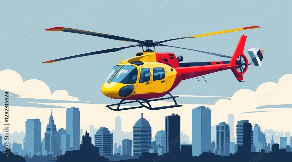 Fototapeta premium Helicopter in Flight Over Urban Skyline, Aerial View, Cityscape Background, Transportation, Avi