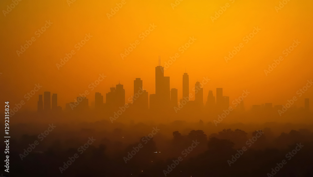 An invisible city skyline in the distance, through dense wildfire haze An invisible city skyline in the distance, through dense wildfire haze